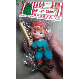 Vintage Holiday Trims Ornament Boy Playing Baseball Japan NOS